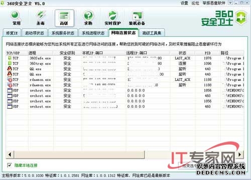 360安全卫士的网络连接状态界面